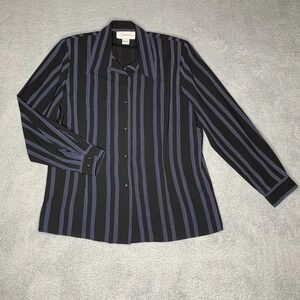 Vintage Peter Nygard Collection 12 Button Up Black Blue Stripes Designer Blouse